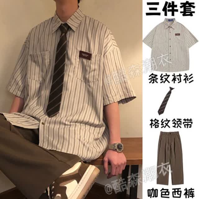 夏季日系復(fù)古條紋半袖襯衫男女情侶套裝寬松短袖襯衣寸襯開(kāi)衫上衣