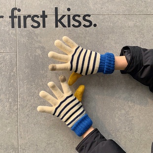 韩国ins手套冬季 男女五指可爱骑行保暖毛线触屏防寒加绒加厚学生