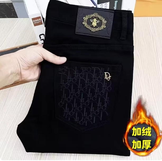 高端刺绣牛仔裤男2025秋冬黑色加绒加厚弹力修身小脚长裤潮流时尚