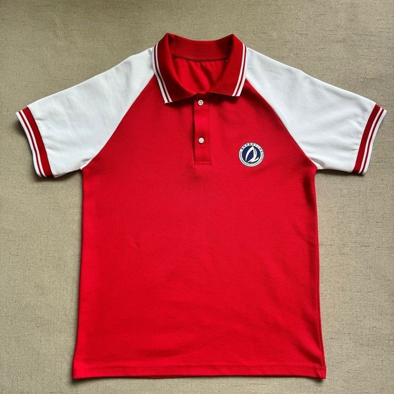 襄阳四十二中白色拼接红色翻领短袖T恤夏季校服polo衫带校徽