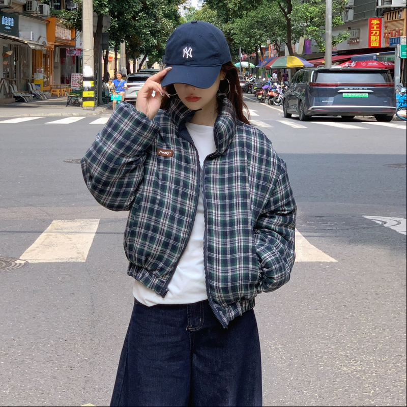 2025冬季新款棉服女两面穿加厚保暖棉衣外套女格子短款面包服棉袄
