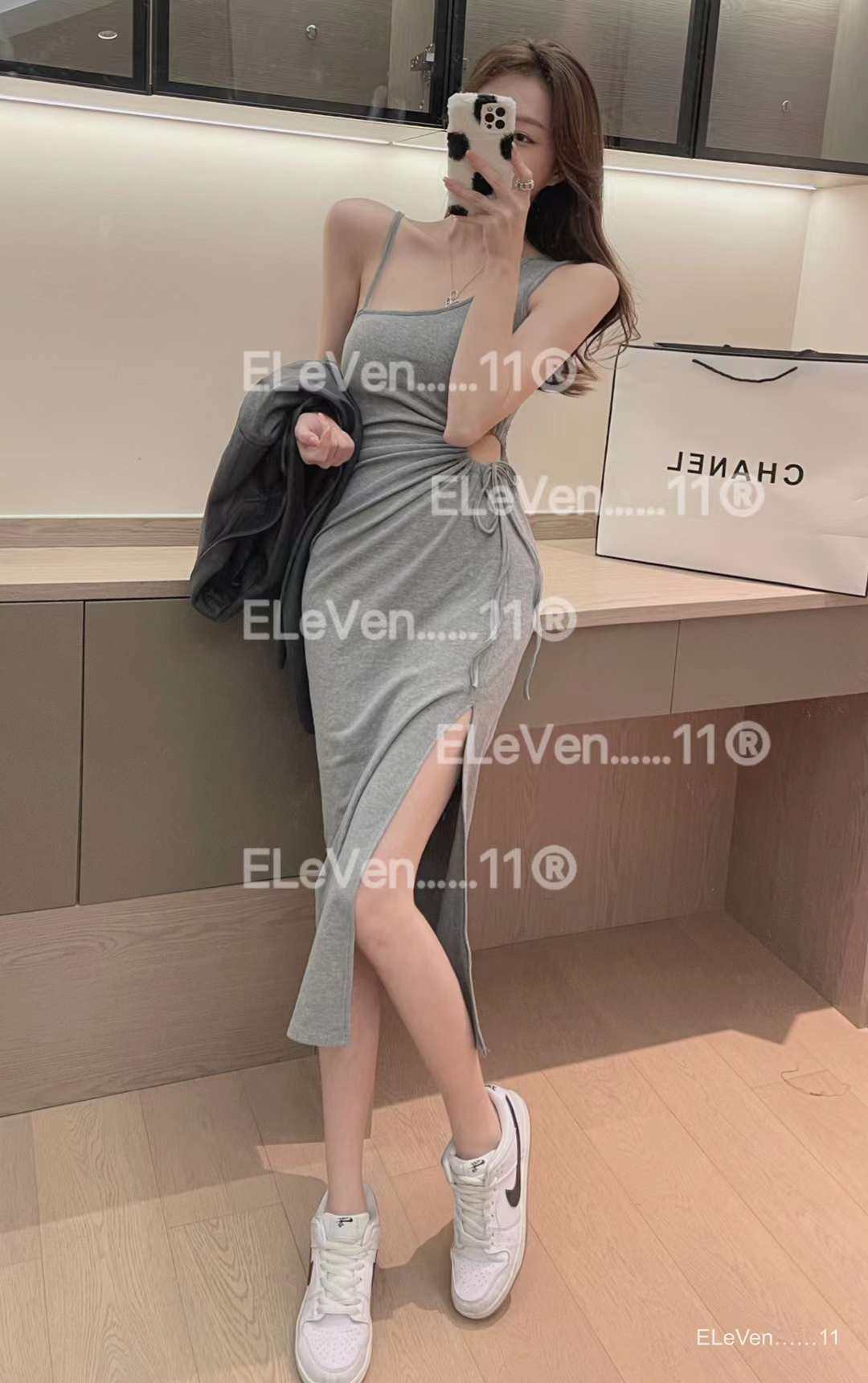 超显身材s曲线腰部镂空高开叉连衣裙性感包臀长裙ins