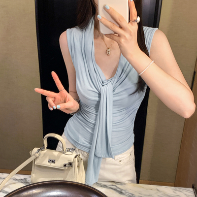 推荐法式高级感荡领飘带无袖上衣
