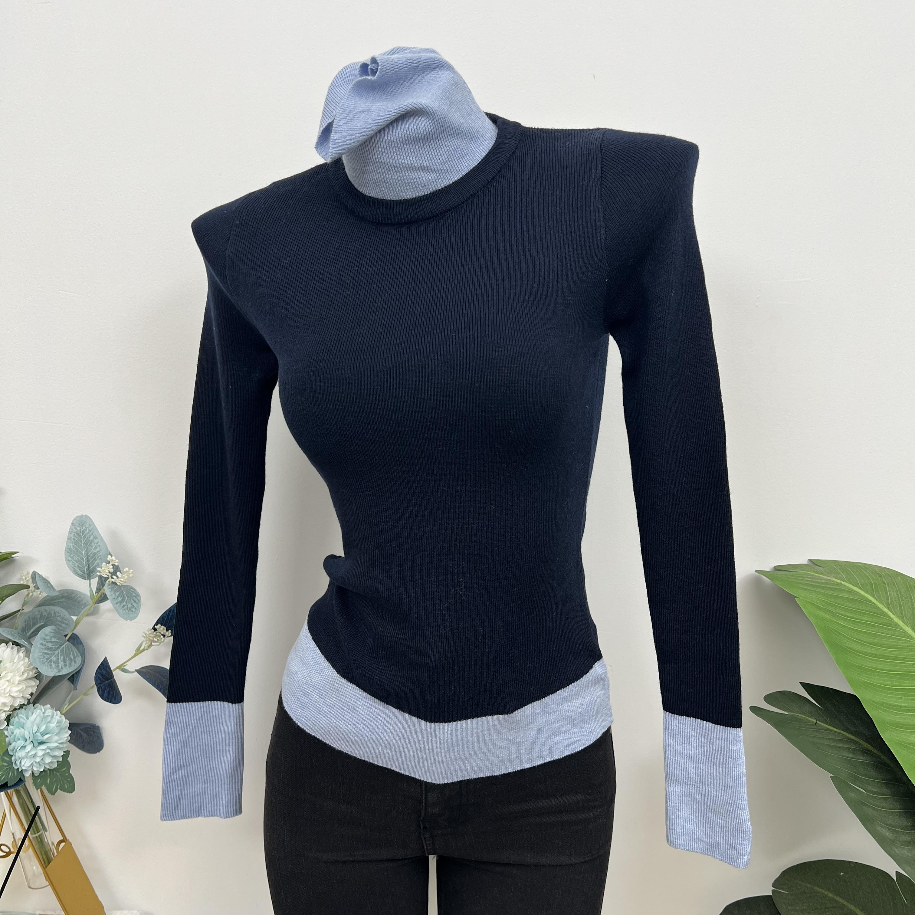 复古撞色假两件套堆堆领毛针织衫