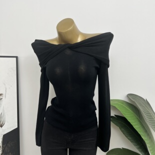 【好看到自留】高品质小众蝴蝶领交叉一字肩天丝长袖上衣2024秋冬