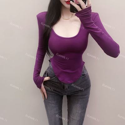 腰细弧形下摆基础款U领长袖T恤女