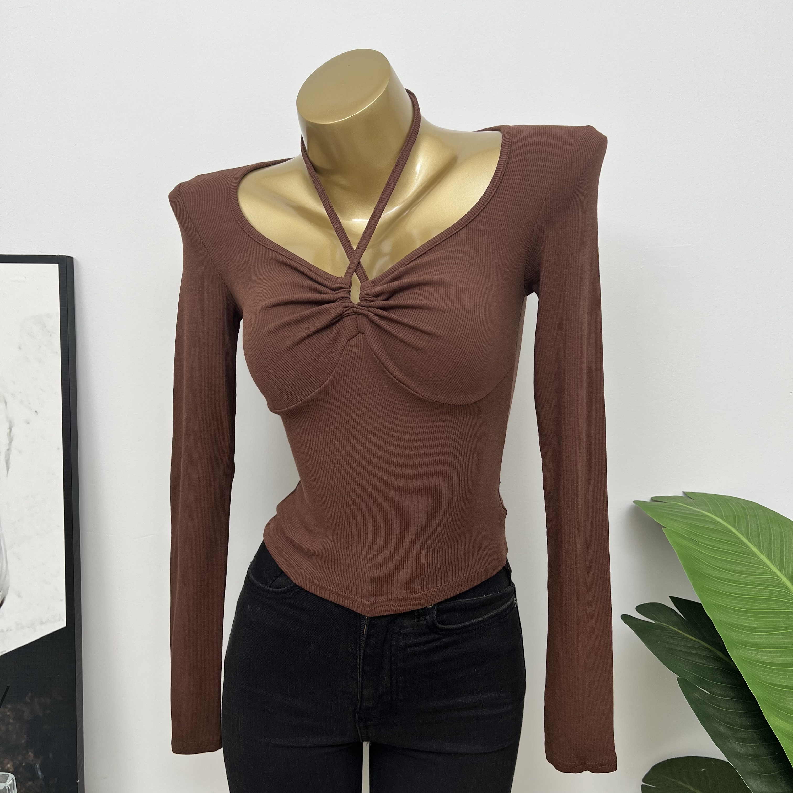 辣妹氛围感抽绳绑带挂脖长袖T恤