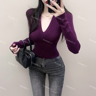 早秋新款~！细腻柔软含羊毛性感深V复古毛针织衫上衣内搭打底衫女