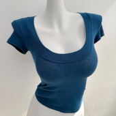 性感大U领胸大腰细坑条螺纹短袖 chao显肤白 谁穿谁爱 上衣T恤女夏