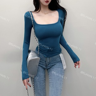 上衣T恤内搭打底衫 漫画胸 显瘦长袖 修身 女秋冬 带垫方领弹力棉薄款