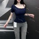 值得入 弹力打底上衣 T恤春夏时髦修身 韩版 纯欲小心机性感斜肩短袖