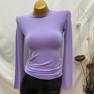 2019秋冬新款 迎春尖货复古梦幻香芋紫圆领微透长袖 T恤韩国ins女装