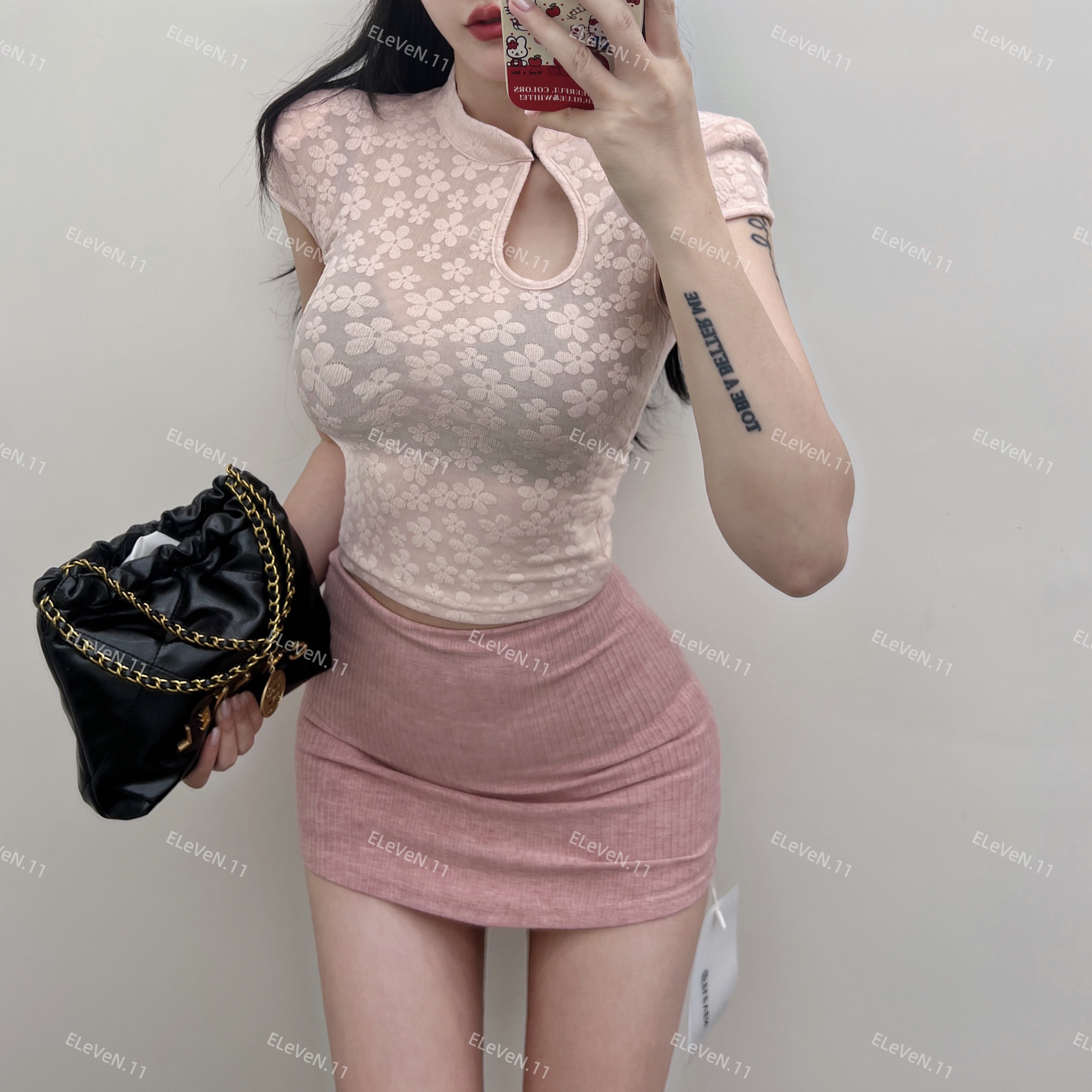 复古旗袍领镂空直角肩显瘦T恤女