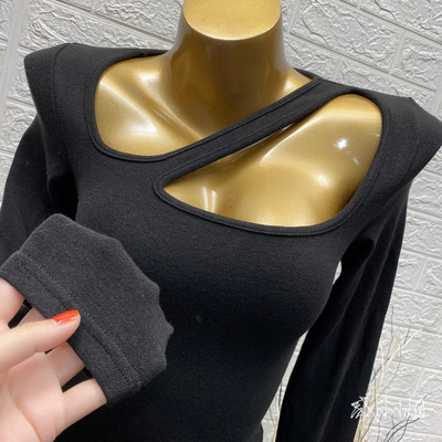 ins性感斜肩T恤打底上衣秋冬