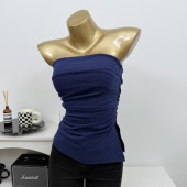 凹造型Bi备 复古港风带橡筋抹胸背心不规则开叉上衣打底衫 韩国ins