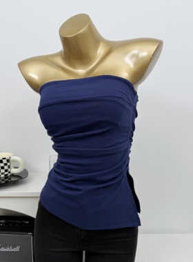 凹造型Bi备~复古港风带橡筋抹胸背心不规则开叉上衣打底衫韩国ins