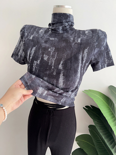 新中式水墨印染设计~秋冬高领短袖内搭打底衫修身显瘦T恤上衣2023