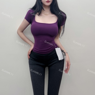带垫方领薄款修身显瘦短袖上衣女