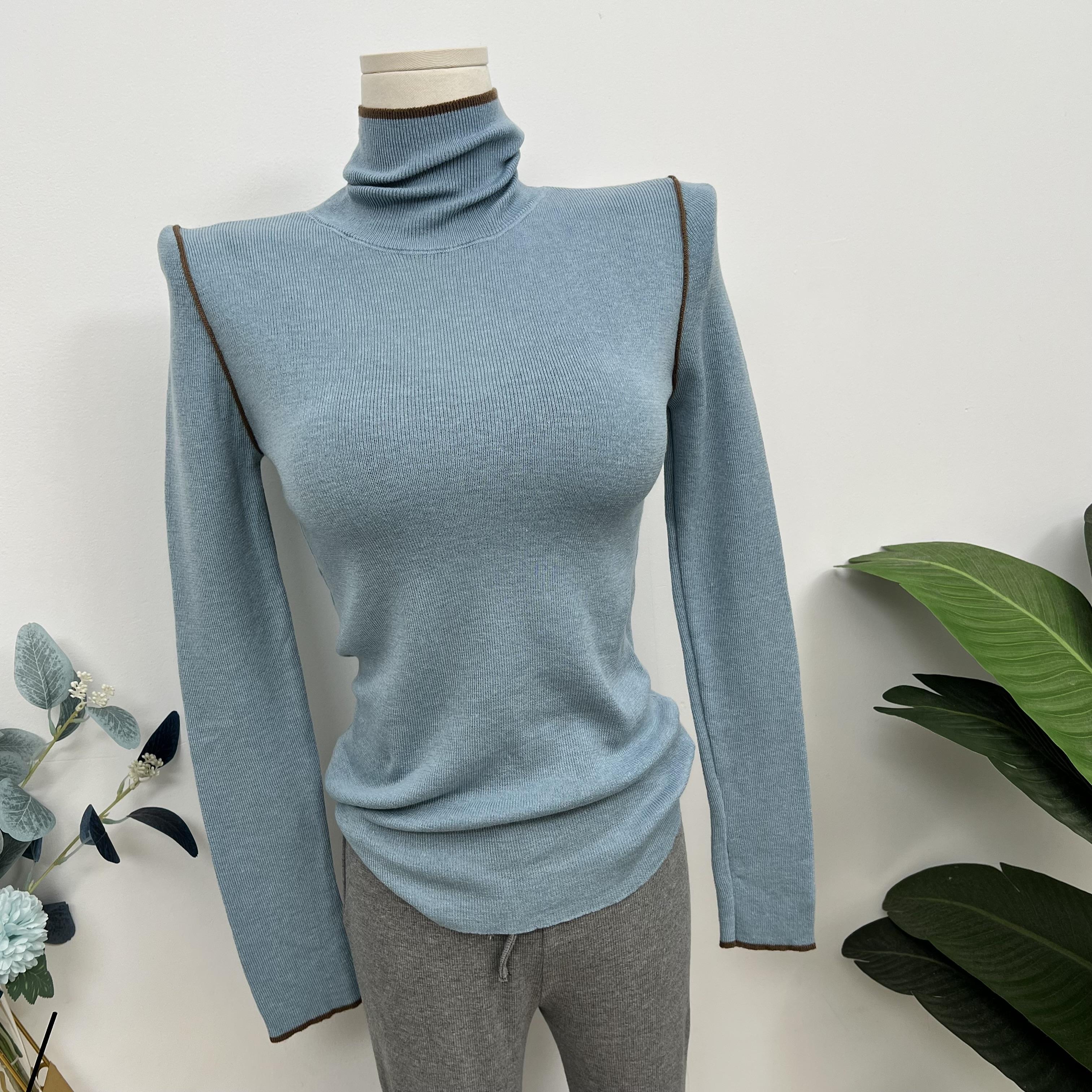 拼接色羊绒衫高领打底衫女秋冬