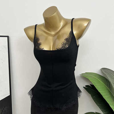 睫毛蕾丝拼接无袖纯欲吊带上衣