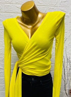 韩国ins夏装2020女 性感裹身侧绑带V领薄款微透长袖t恤上衣打底衫