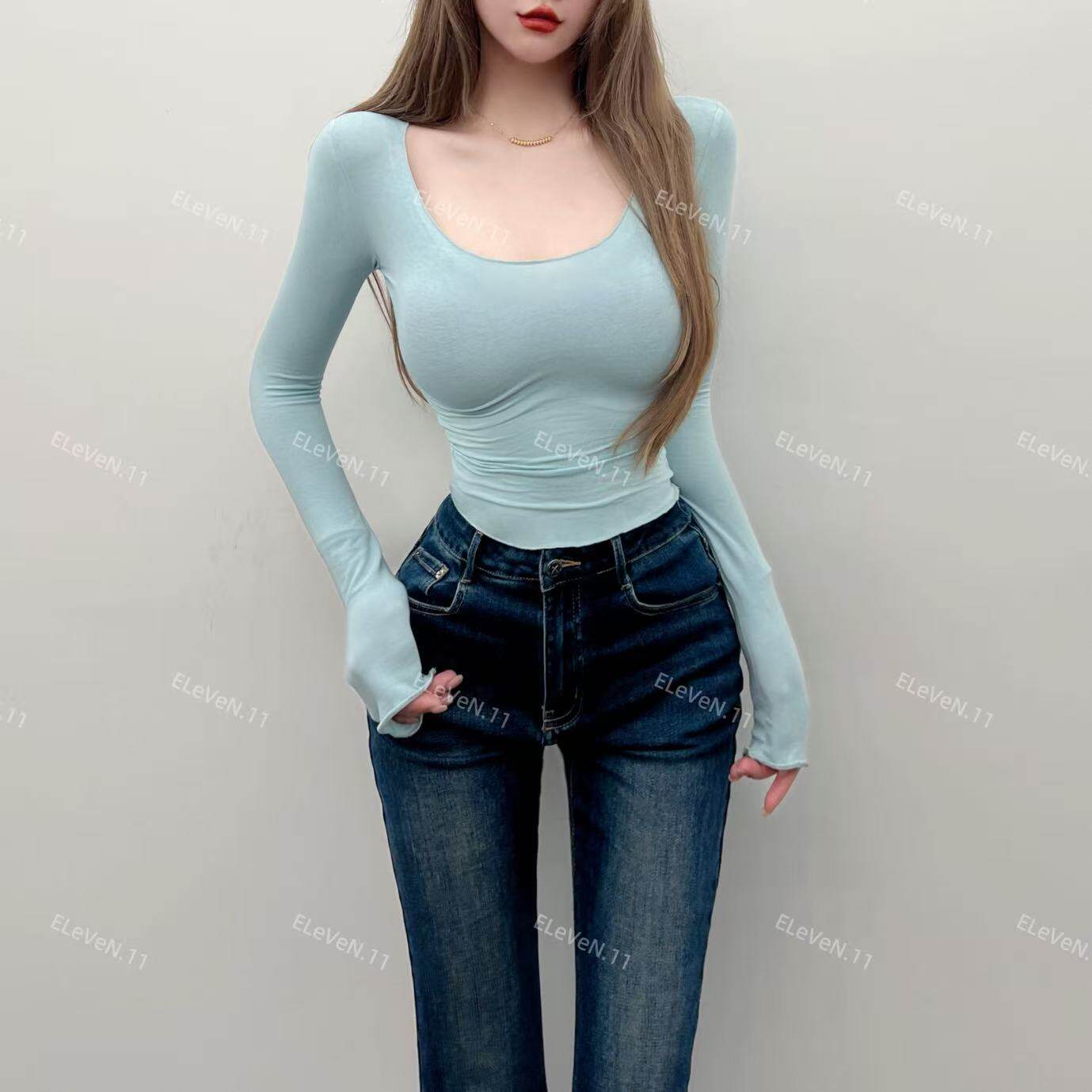 极简主义～无龄感纯欲薄款面膜T紧身U领显白收腰打底衫上衣女2026