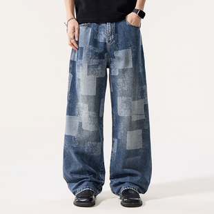 巴黎大牌L/V同款高街格裤子潮牌帅炸街男牛仔裤潮流宽松直筒长裤