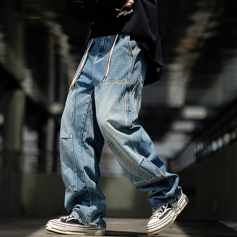 巴黎L/V复古牛仔裤男士潮牌宽松弯刀水洗做旧痞帅休闲阔腿长裤子,男装,牛仔裤,淘宝优惠券,粉丝福利购,淘宝优惠卷
