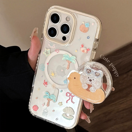 闪粉夏日小狗磁吸支架适用16promax透明iPhone15手机壳14防摔11软