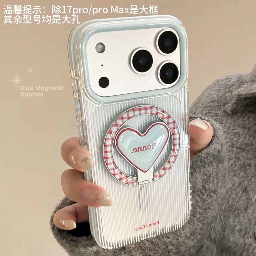 【原创】蓝红条纹适用苹果17promax手机壳15韩系iPhone16爱心磁吸支架14软壳