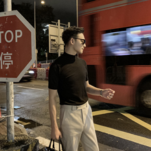 【DAIO MENS】韩国半高领针织短袖毛衣男修身半袖T恤纯色潮打底衫