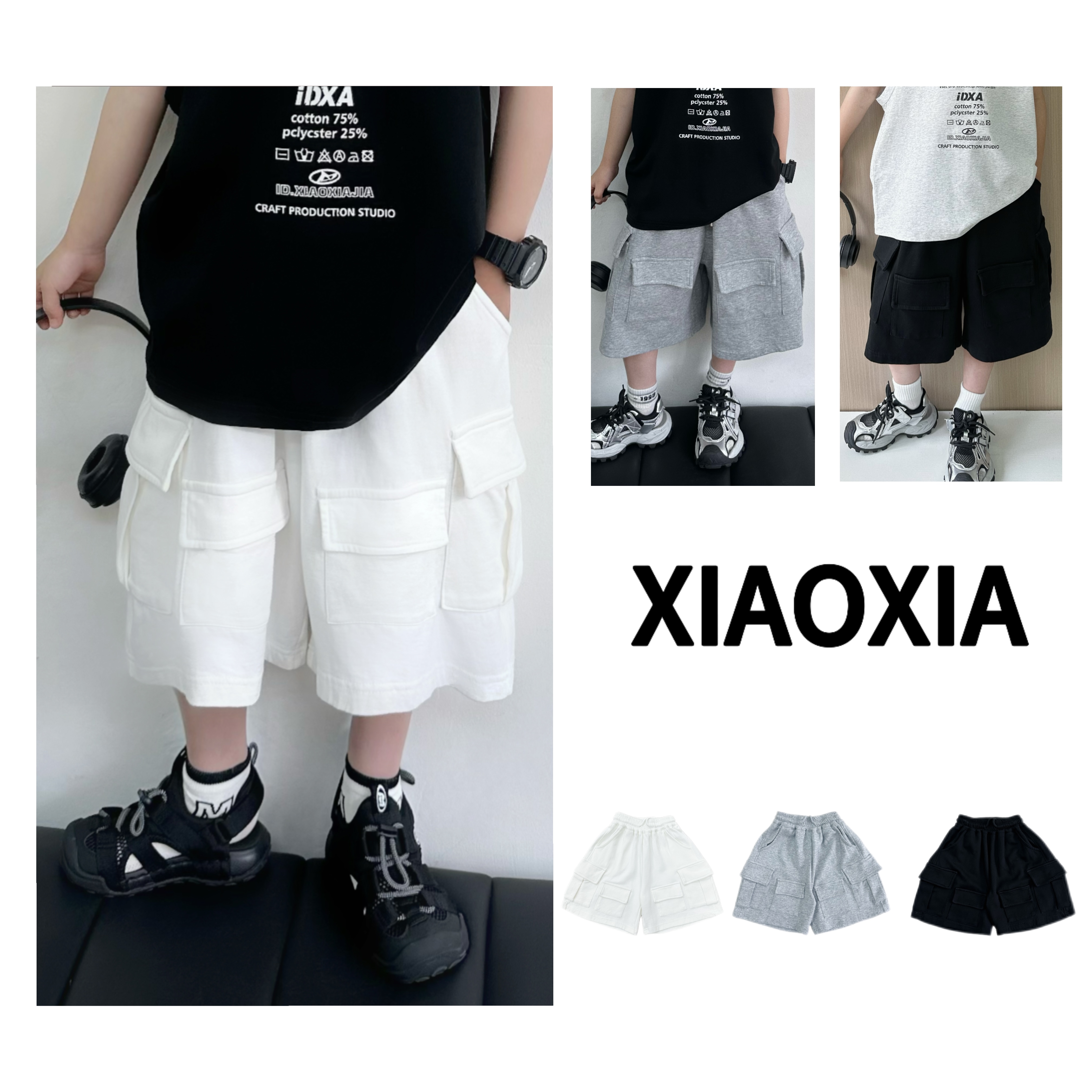 XXJ 2087 多口袋立体【昼夜序】三色逸足轻装针织短裤夏季