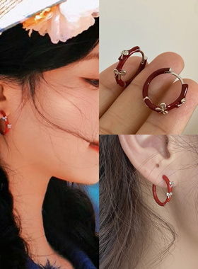 中餐厅9沈月同款耳环少女感红色圆圈圈蝴蝶结耳扣爆款设计感耳钉