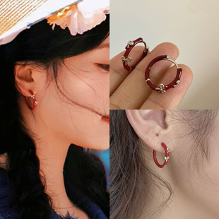 中餐厅9沈月同款耳环少女感红色圆圈圈蝴蝶结耳扣爆款设计感耳钉