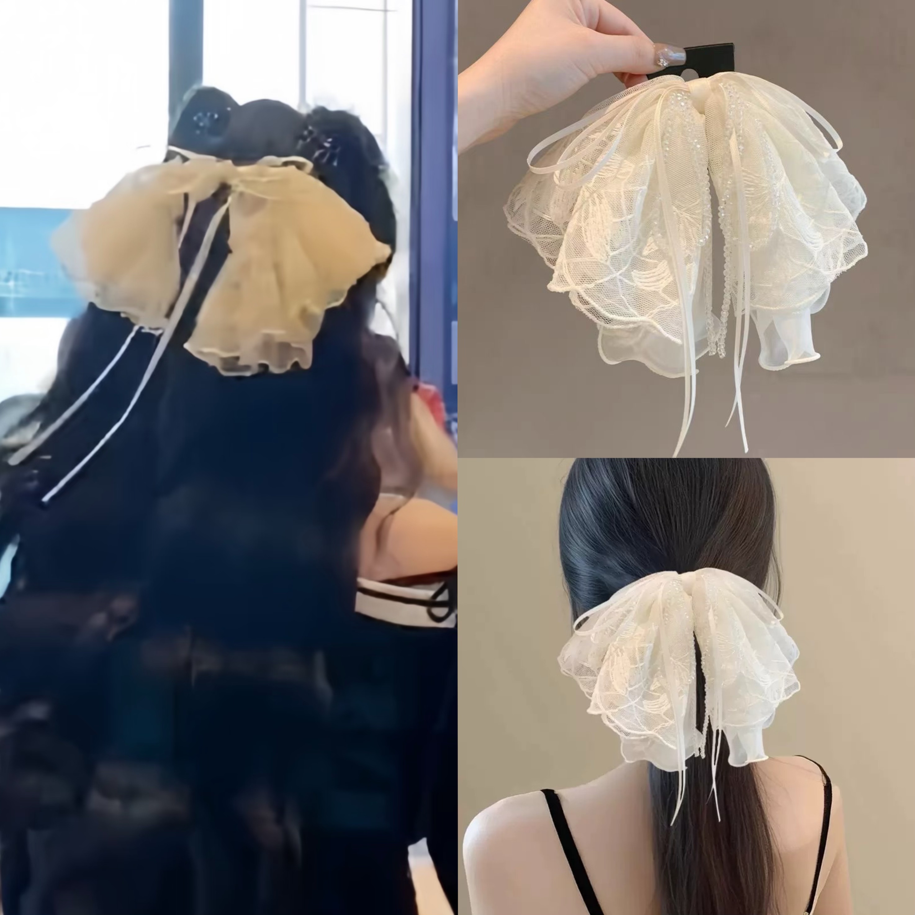 白鹿同款发夹女白色蕾丝蝴蝶结飘带发卡高马尾抓夹温柔半扎发发饰
