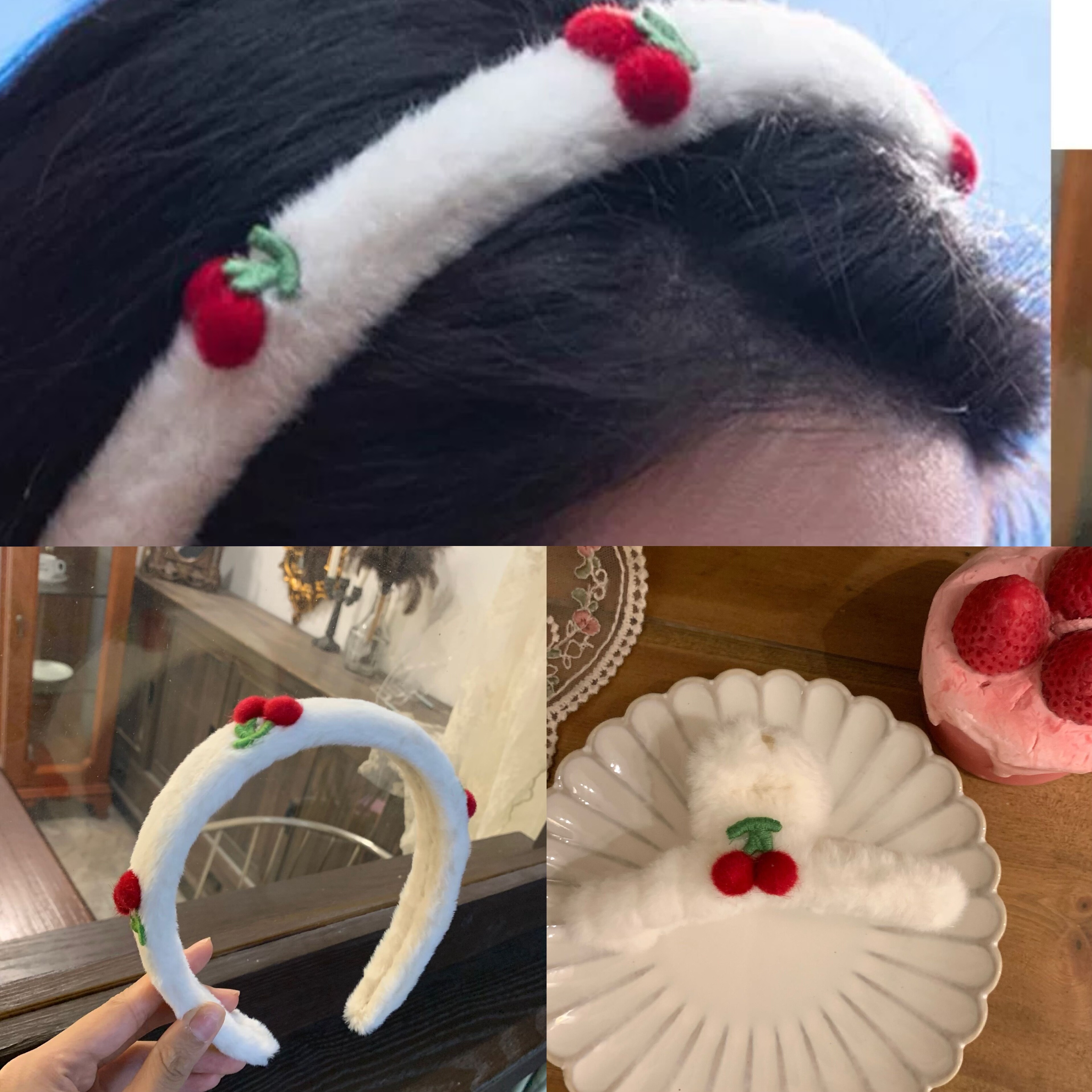 李凯馨夏小满同款樱桃发箍可爱秋冬天白色毛毛绒头箍洗脸外出发卡