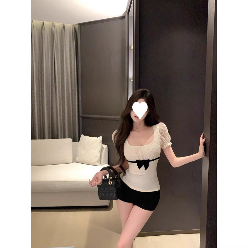 蝴蝶结方领短袖蕾丝T恤女装夏季修身收腰设计感杏色显瘦绝美上衣