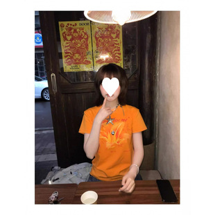 修身 夏季 女夏季 多巴胺美式 显瘦橘色t恤上衣 复古花朵印花正肩短袖
