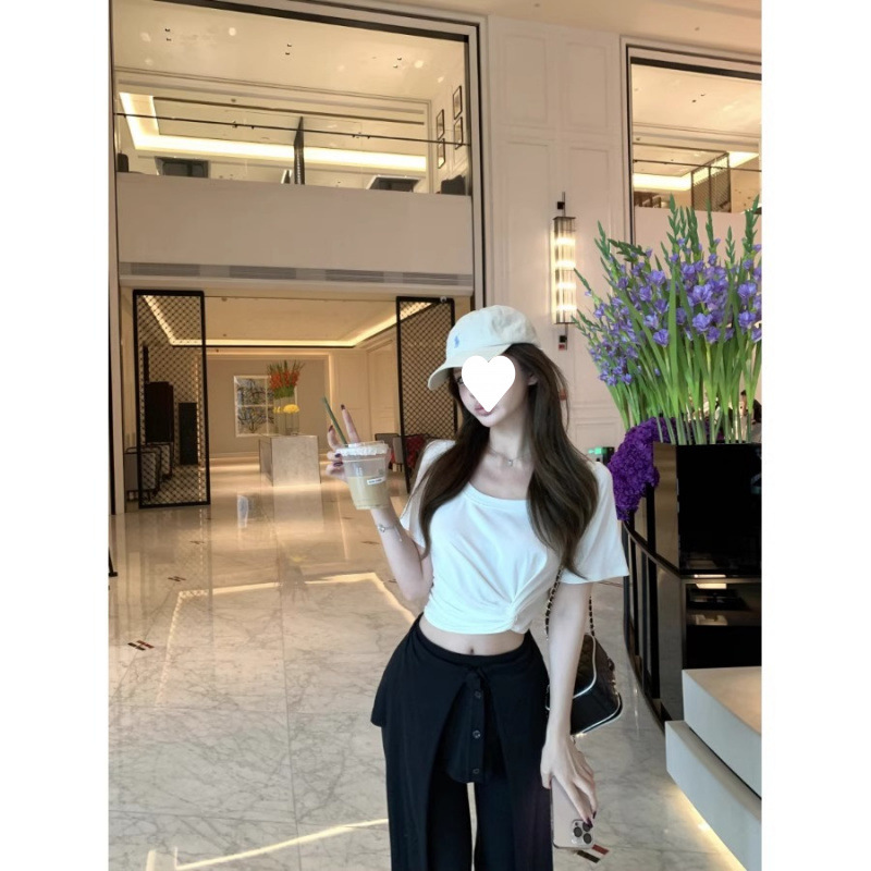 设计感扭结白色短袖T恤女夏季202