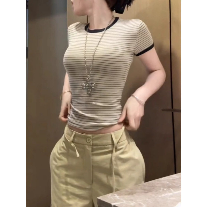 港风chic撞色条纹圆领短袖T恤女夏季正肩体恤衫修身显瘦短款上衣