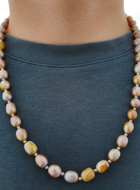 长生牛油果色巴洛克男士珍珠项链