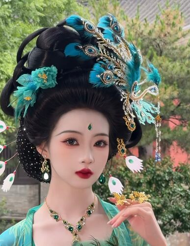 原创汉服头饰蓝色孔雀公主凤凰头饰羽毛凤凰头饰