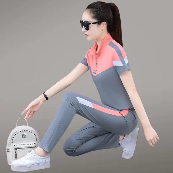 时尚休闲运动套装女2023夏季新款短袖女薄款宽松立领跑步服两件套