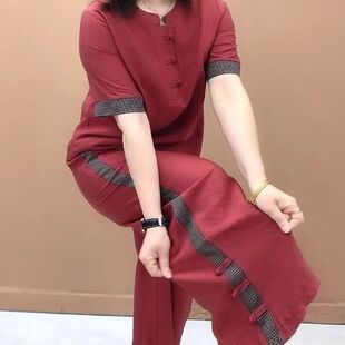 两件套女中年妈妈时尚 2025夏季 新款 冰丝亚麻套裤 复古通勤休闲套装