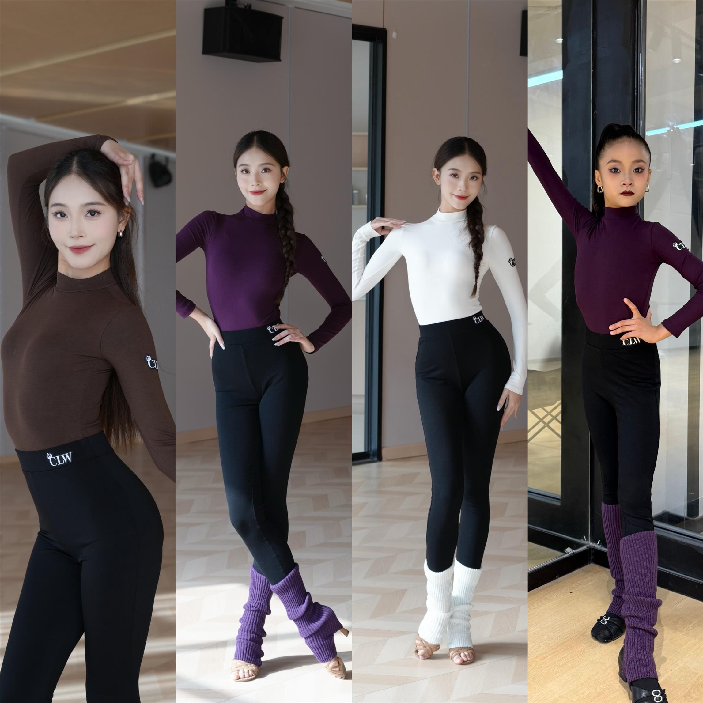 拉丁舞服小高领长袖上衣黑色紧身裤袜套儿童成人师生款练舞女