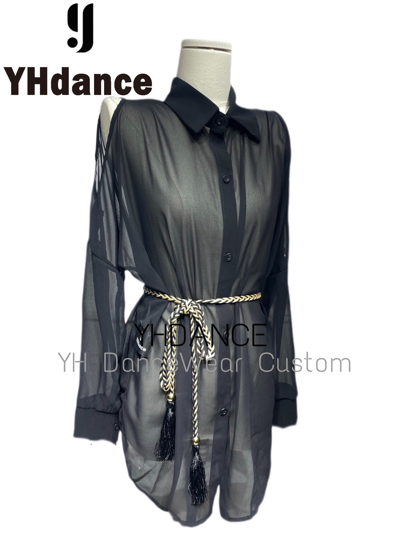 YHDANCE长袖罩衫拉丁舞新款百搭衬衫网纱上衣女露肩连衣裙C175