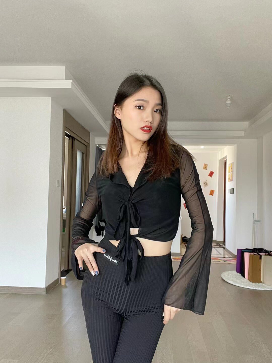 拉丁舞国标舞高腰喇叭裤网纱罩衫外搭性感吊带含胸垫班服练功舞蹈
