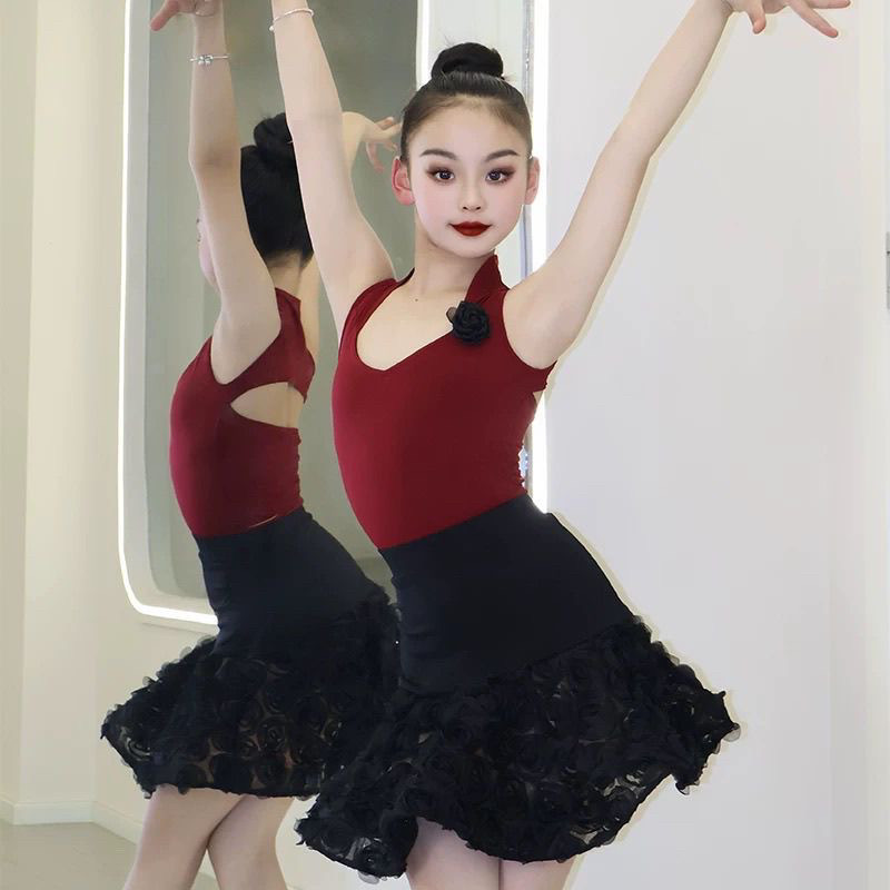女童专业拉丁舞服2025新款高级感儿童练功服春夏季短袖红色气质风