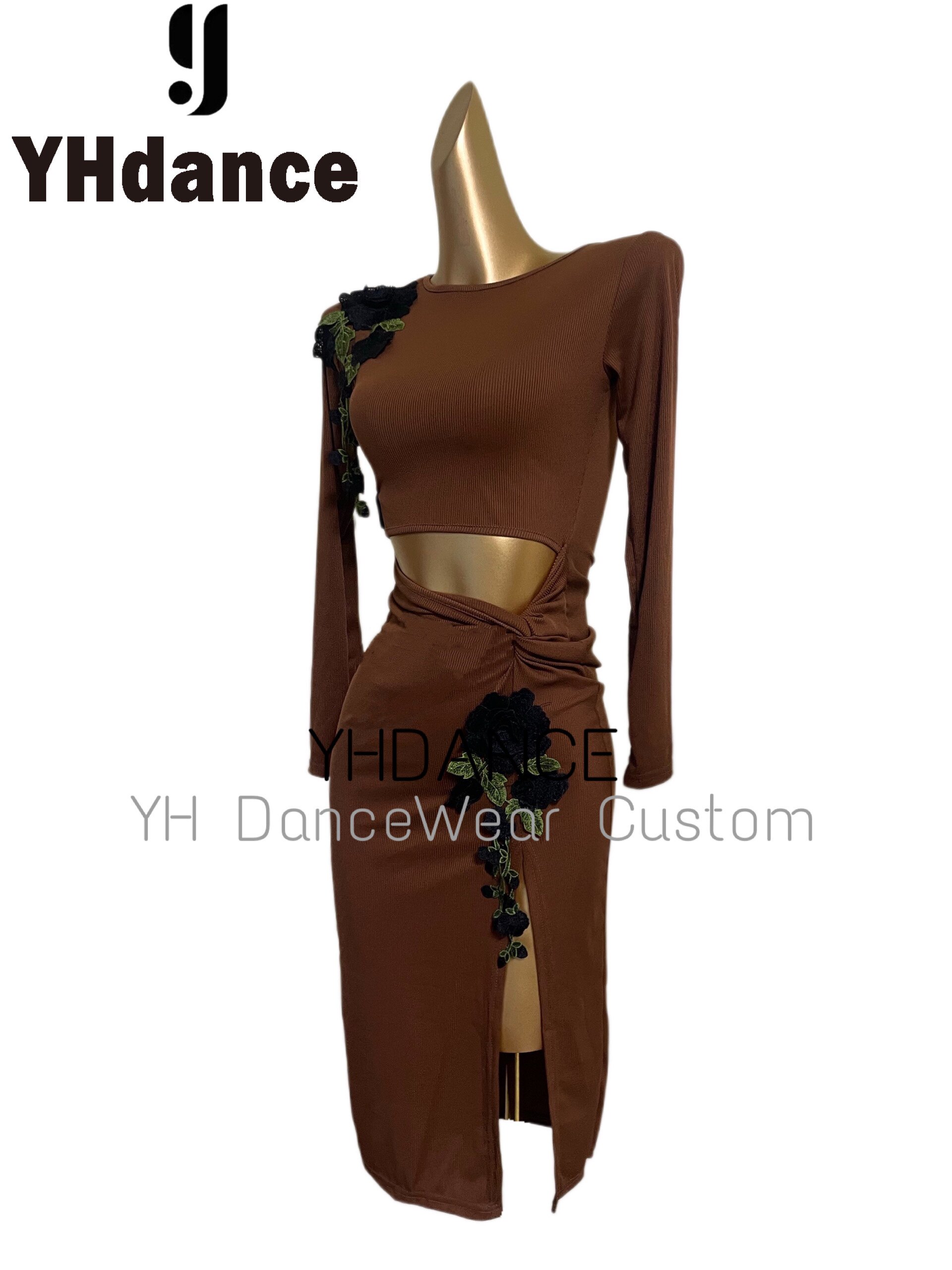 YHDANCE拉丁舞练功服性感开叉连衣裙成年人国标舞花花表演服C145