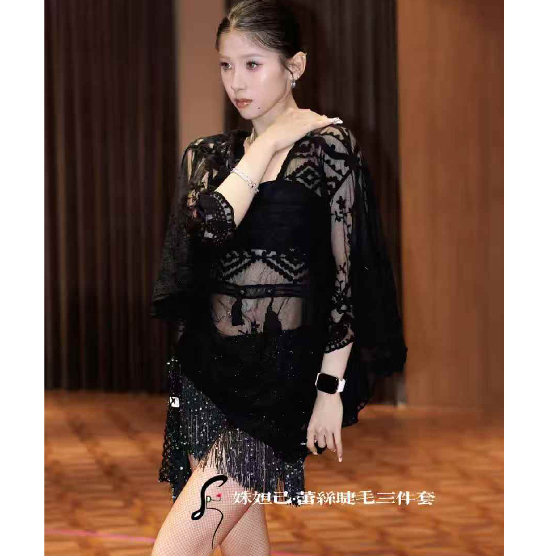 姝妲己舞服拉丁舞蕾丝罩衫体操服基础款网格系带流苏裙
